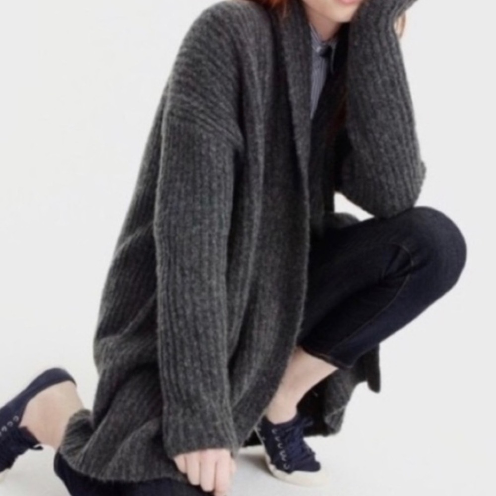 ALPACA WOOL J. CREW Open Front Gray Cardigan Pockets Slouchy Knit SZ XS Cozy EUC